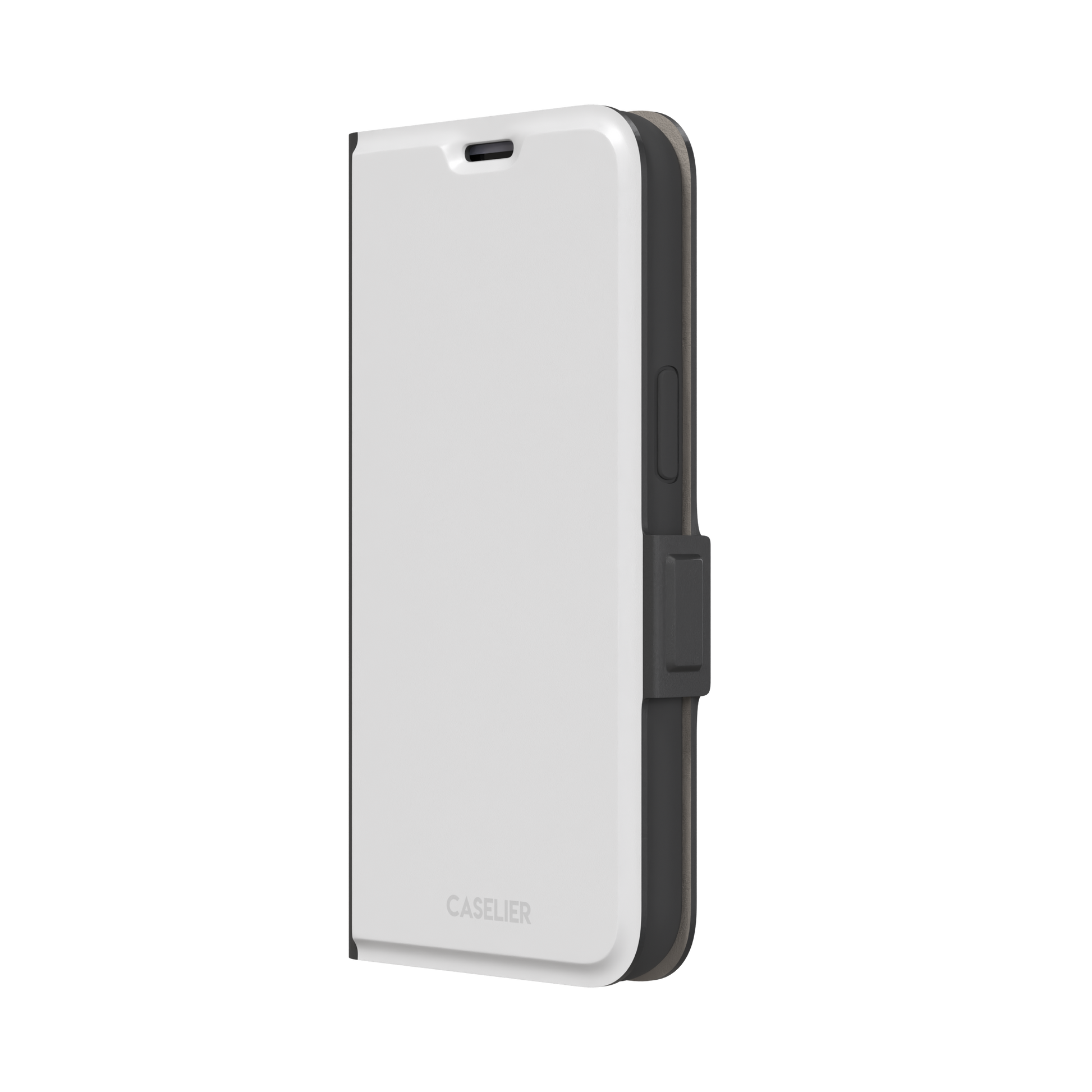 Solid light silver-grey phone case with minimal matte finish on iPhone, phone case by Caselier — wallet case, right view