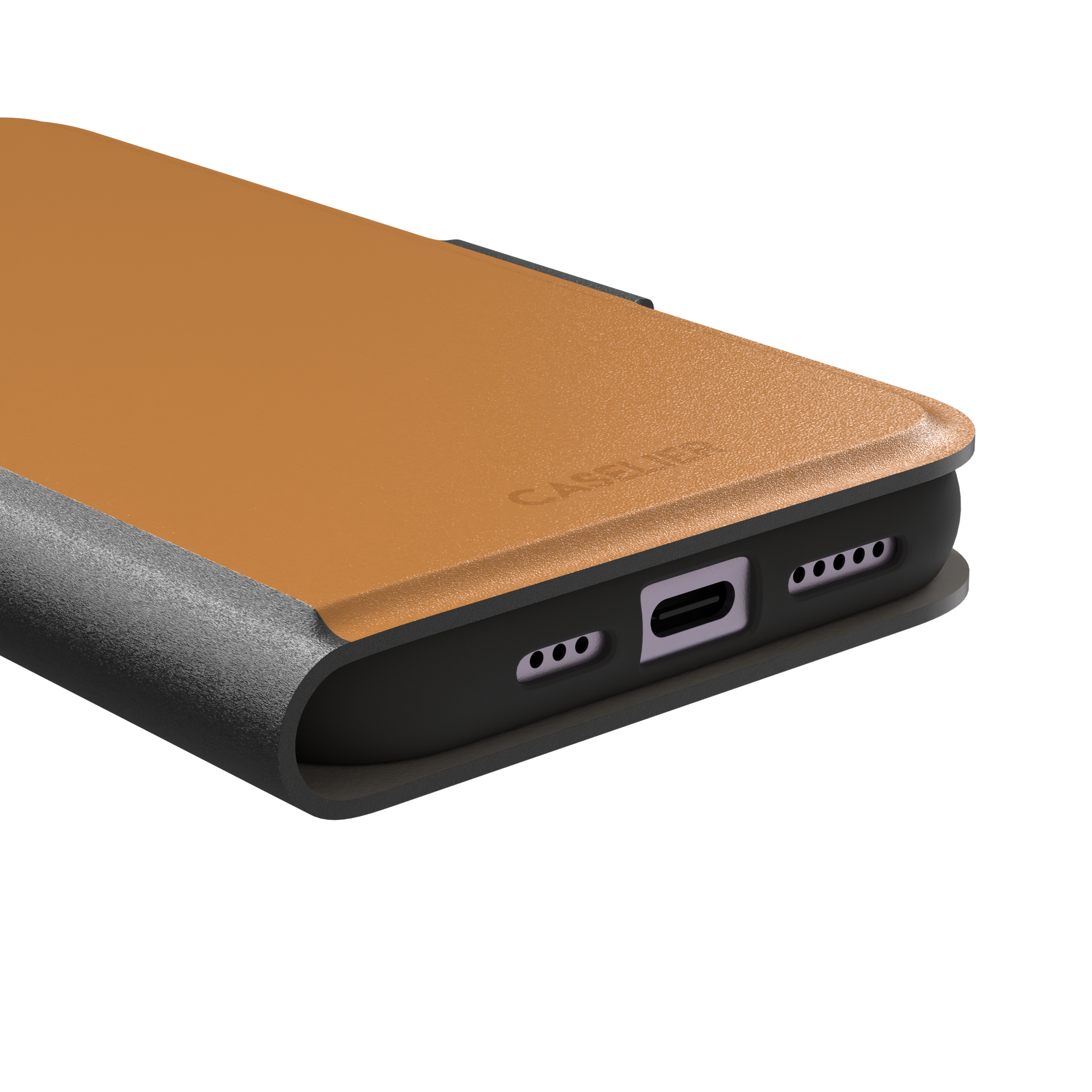 Solid warm amber orange phone case with minimal matte finish on iPhone, phone case by Caselier — wallet case, charging port detail