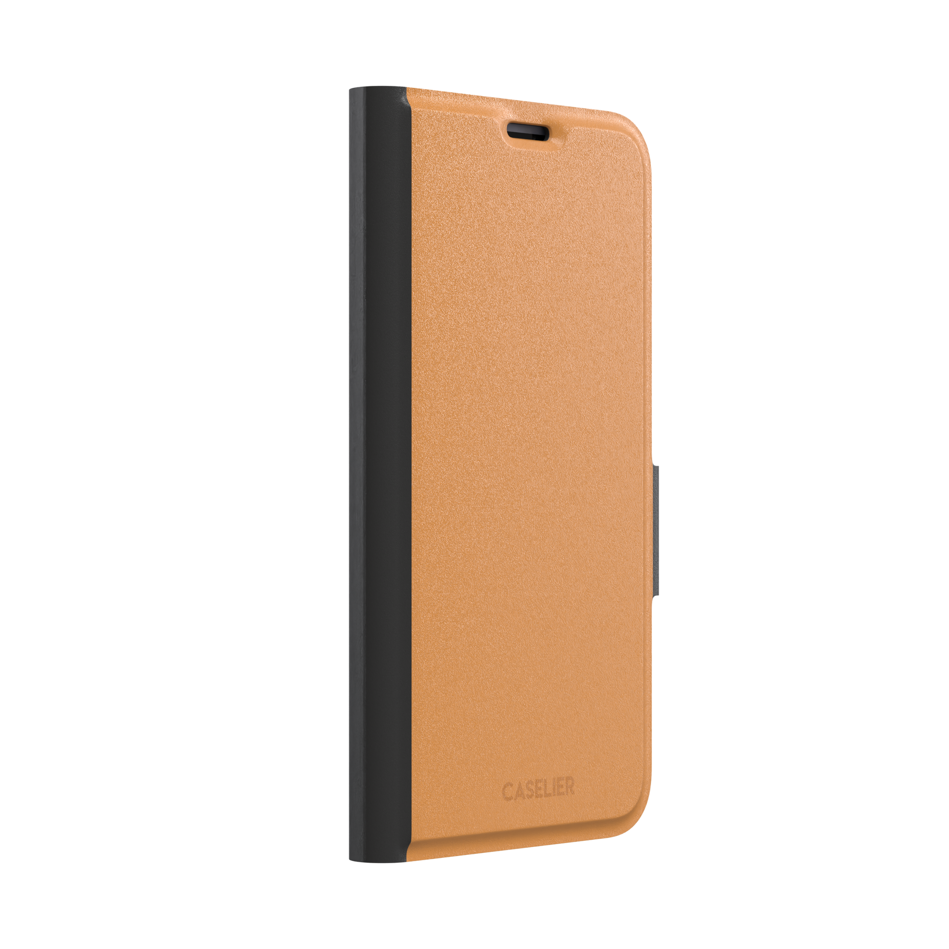 Solid warm amber orange phone case with minimal matte finish on iPhone, phone case by Caselier — wallet case, left view