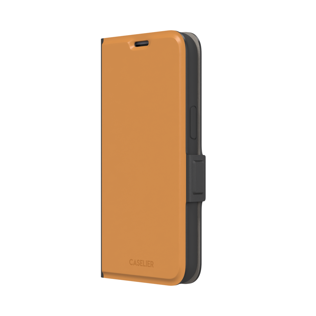 Solid warm amber orange phone case with minimal matte finish on iPhone, phone case by Caselier — wallet case, right view