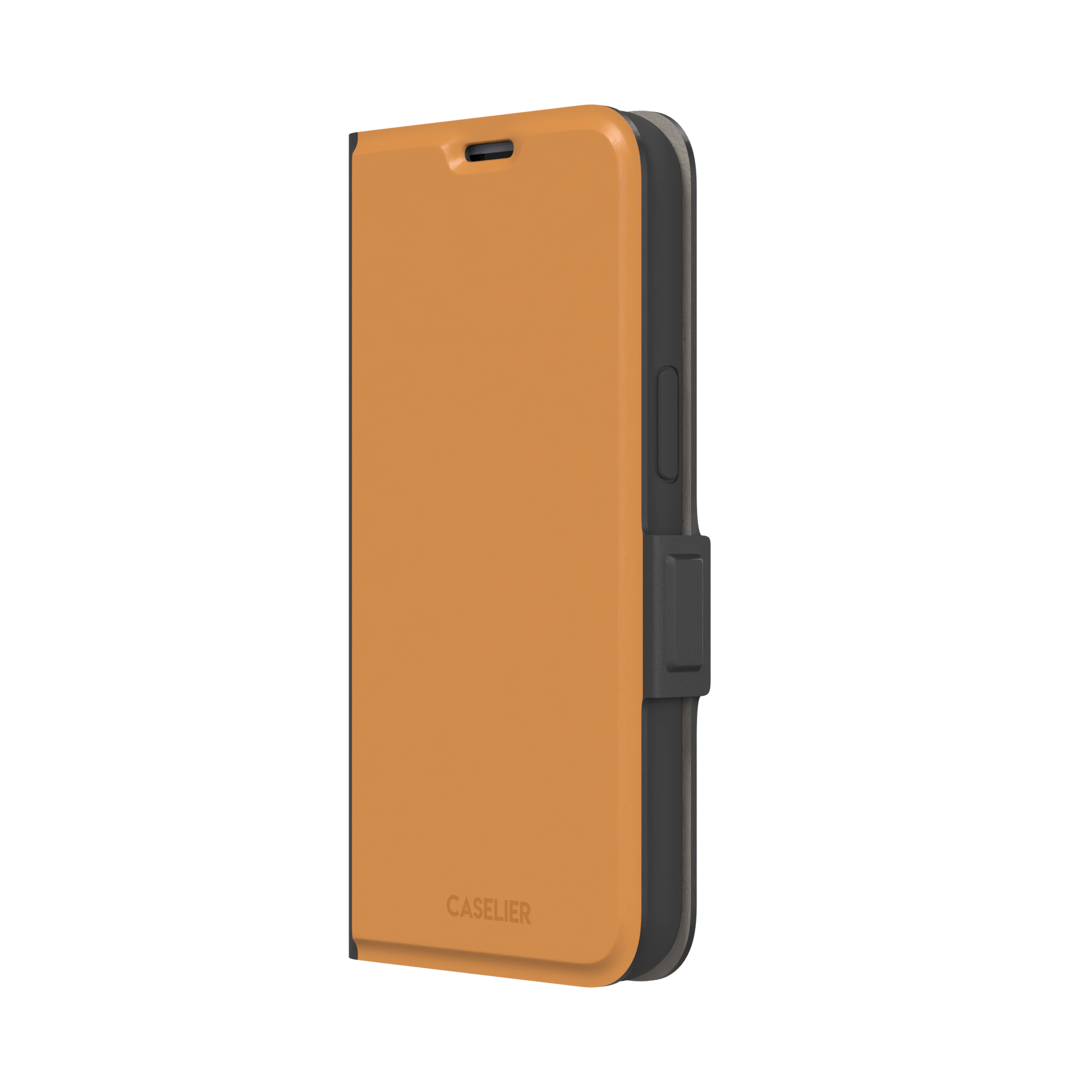 Solid warm amber orange phone case with minimal matte finish on iPhone, phone case by Caselier — wallet case, right view