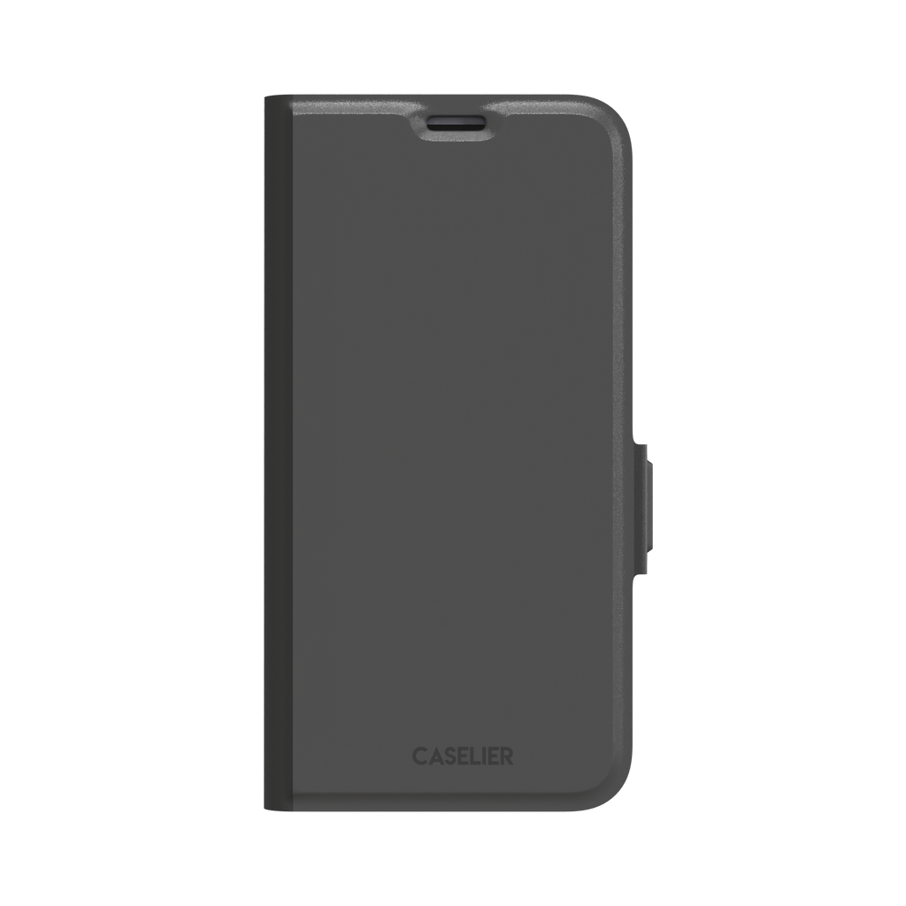 Solid medium grey phone case with clean matte finish on iPhone, phone case by Caselier — wallet case, front view