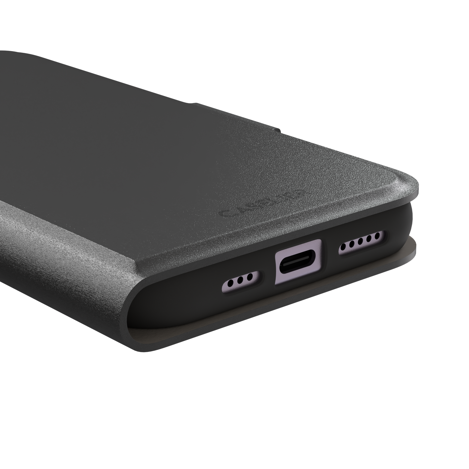 Solid medium grey phone case with clean matte finish on iPhone, phone case by Caselier — wallet case, charging port detail