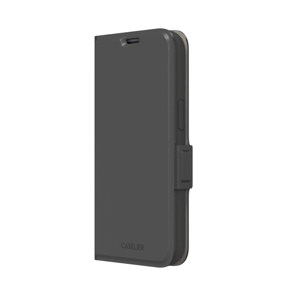 Solid medium grey phone case with clean matte finish on iPhone, phone case by Caselier — wallet case, right view