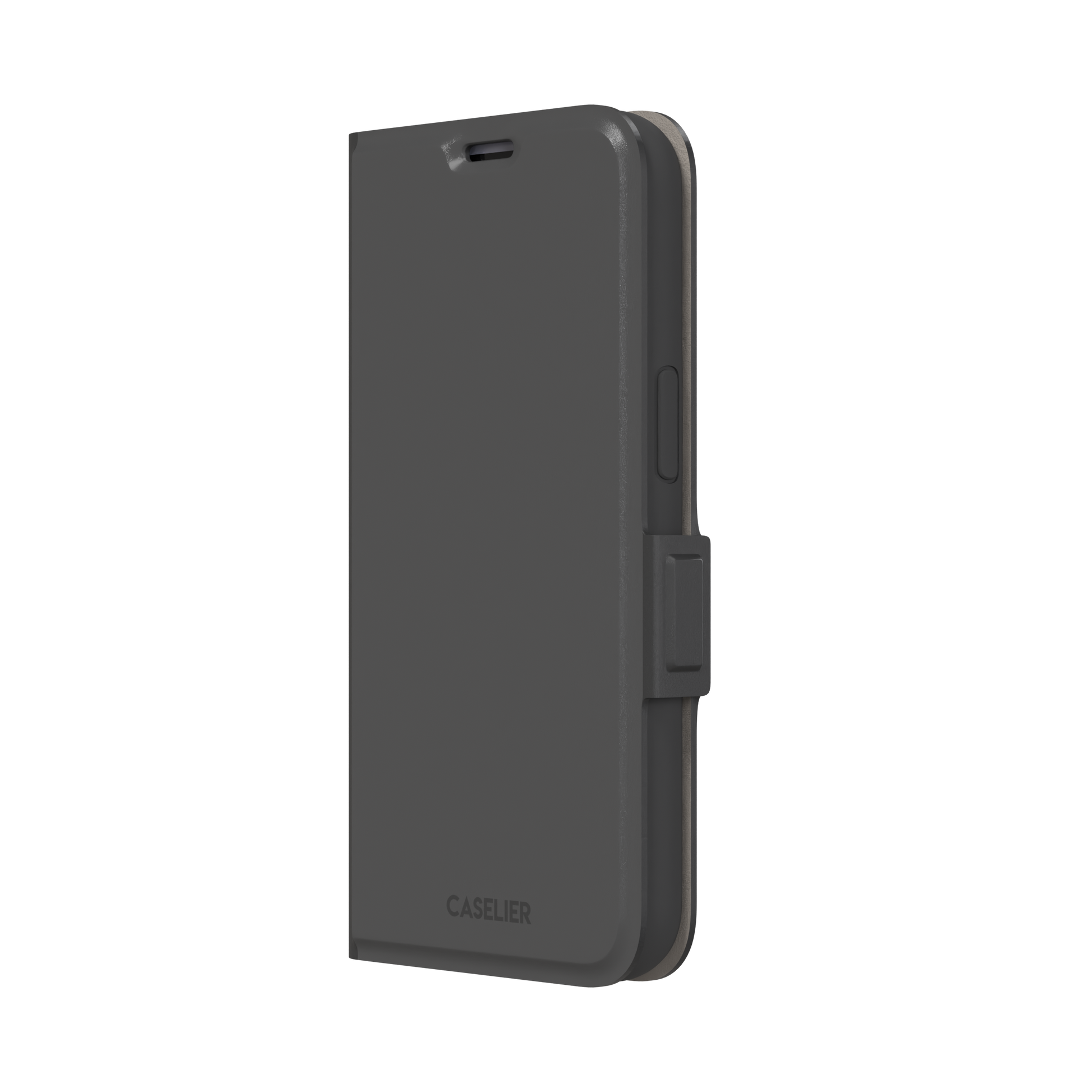Solid medium grey phone case with clean matte finish on iPhone, phone case by Caselier — wallet case, right view