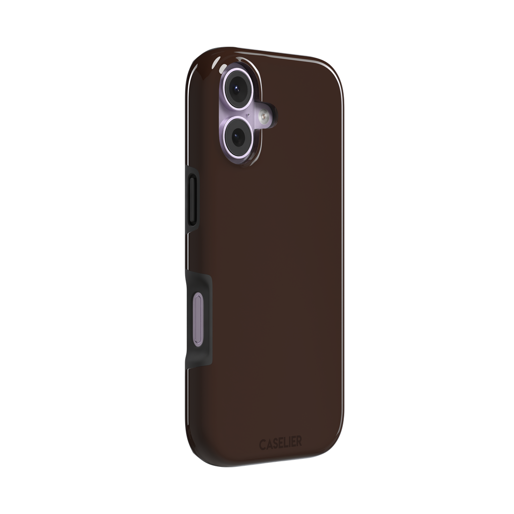 Solid deep dark brown phone case with minimal matte finish on iPhone, phone case by Caselier — tough case, left view