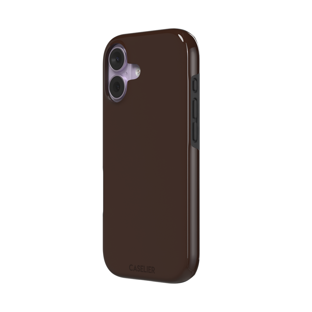 Solid deep dark brown phone case with minimal matte finish on iPhone, phone case by Caselier — tough case, right view