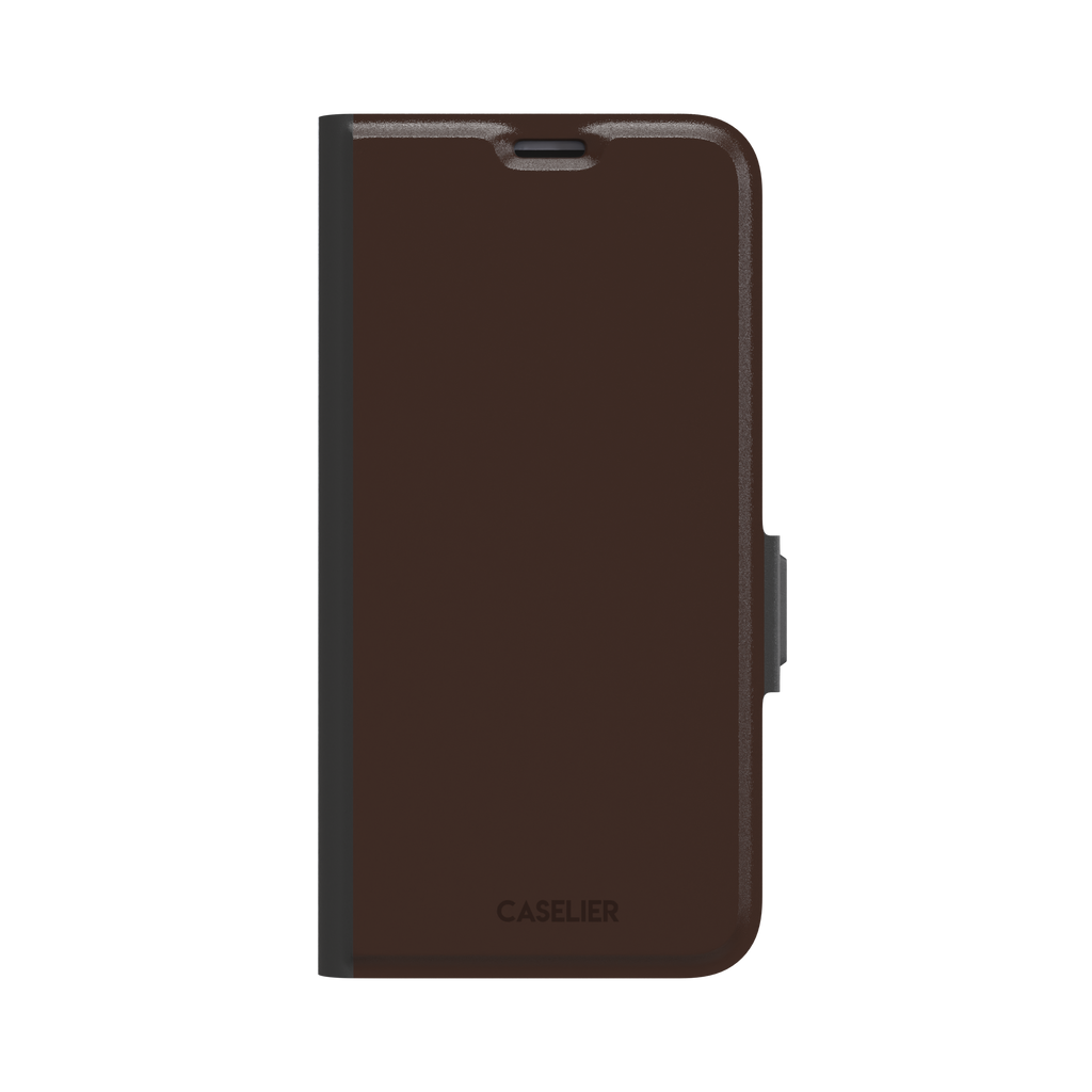 Solid deep dark brown phone case with minimal matte finish on iPhone, phone case by Caselier — wallet case, front view