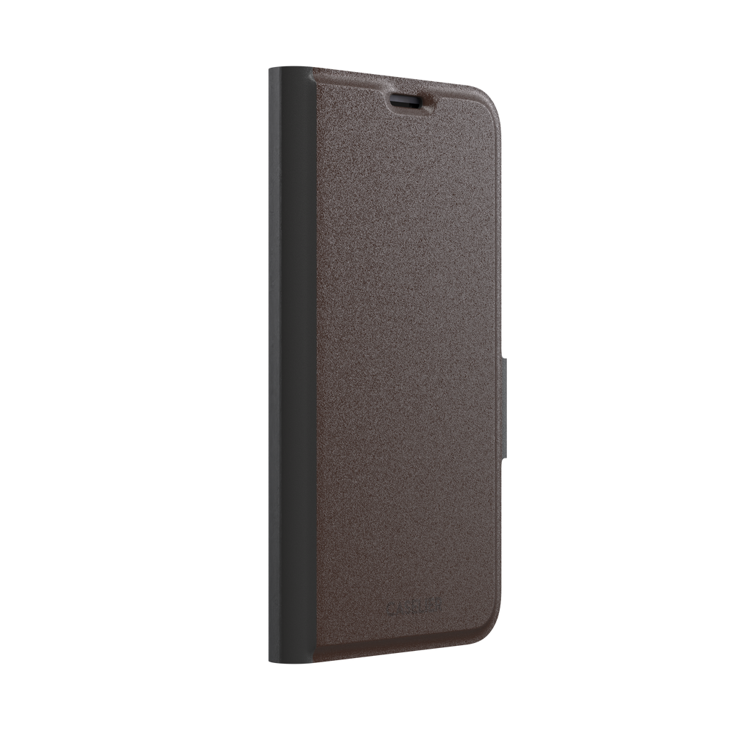 Solid deep dark brown phone case with minimal matte finish on iPhone, phone case by Caselier — wallet case, left view