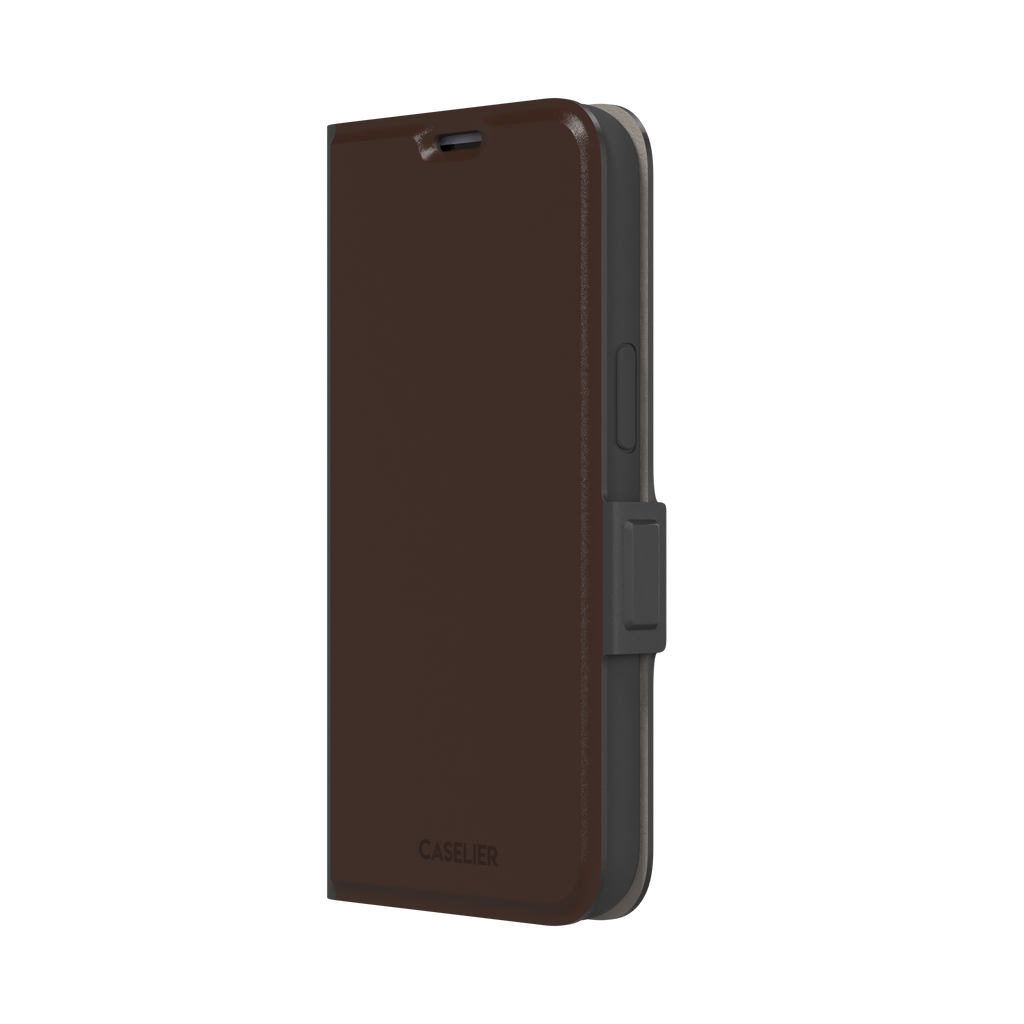 Solid deep dark brown phone case with minimal matte finish on iPhone, phone case by Caselier — wallet case, right view