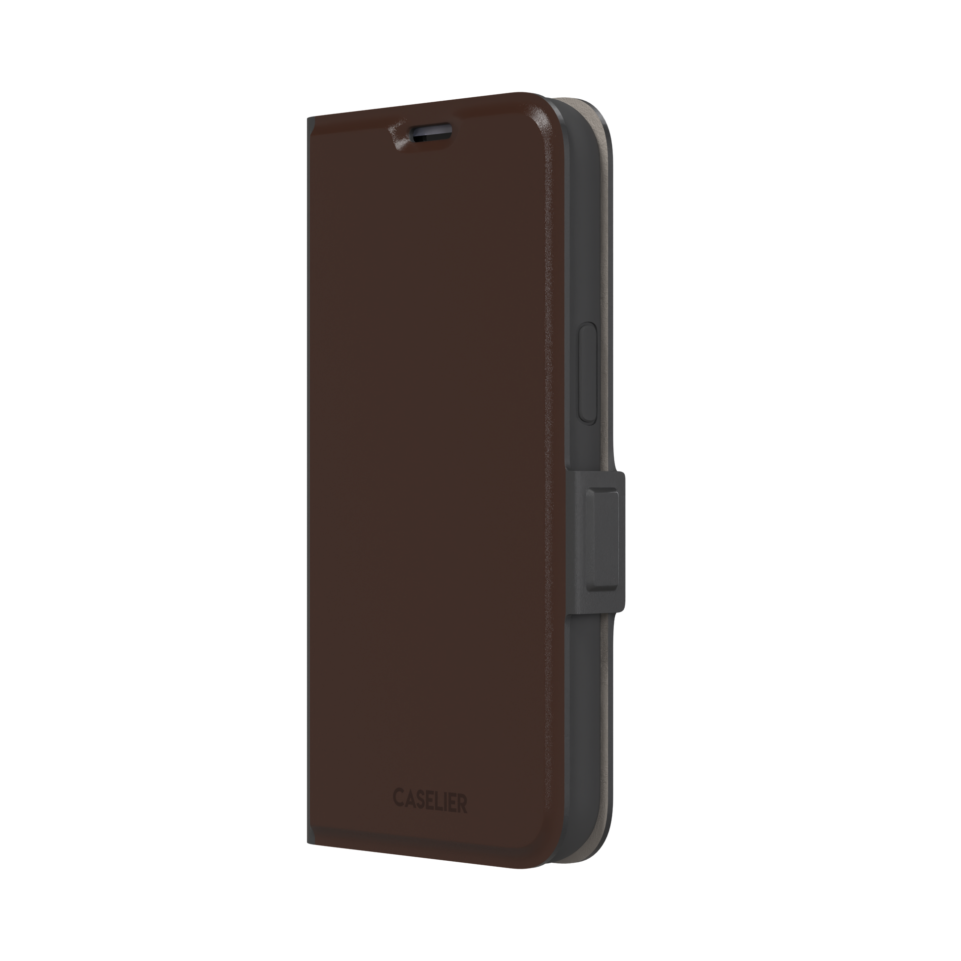 Solid deep dark brown phone case with minimal matte finish on iPhone, phone case by Caselier — wallet case, right view