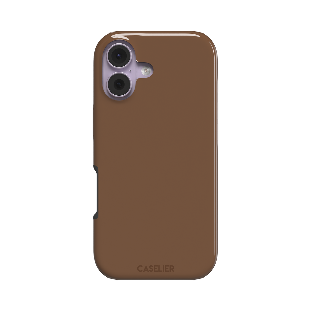 Solid medium brown phone case with smooth matte finish on iPhone, phone case by Caselier — tough case, front view