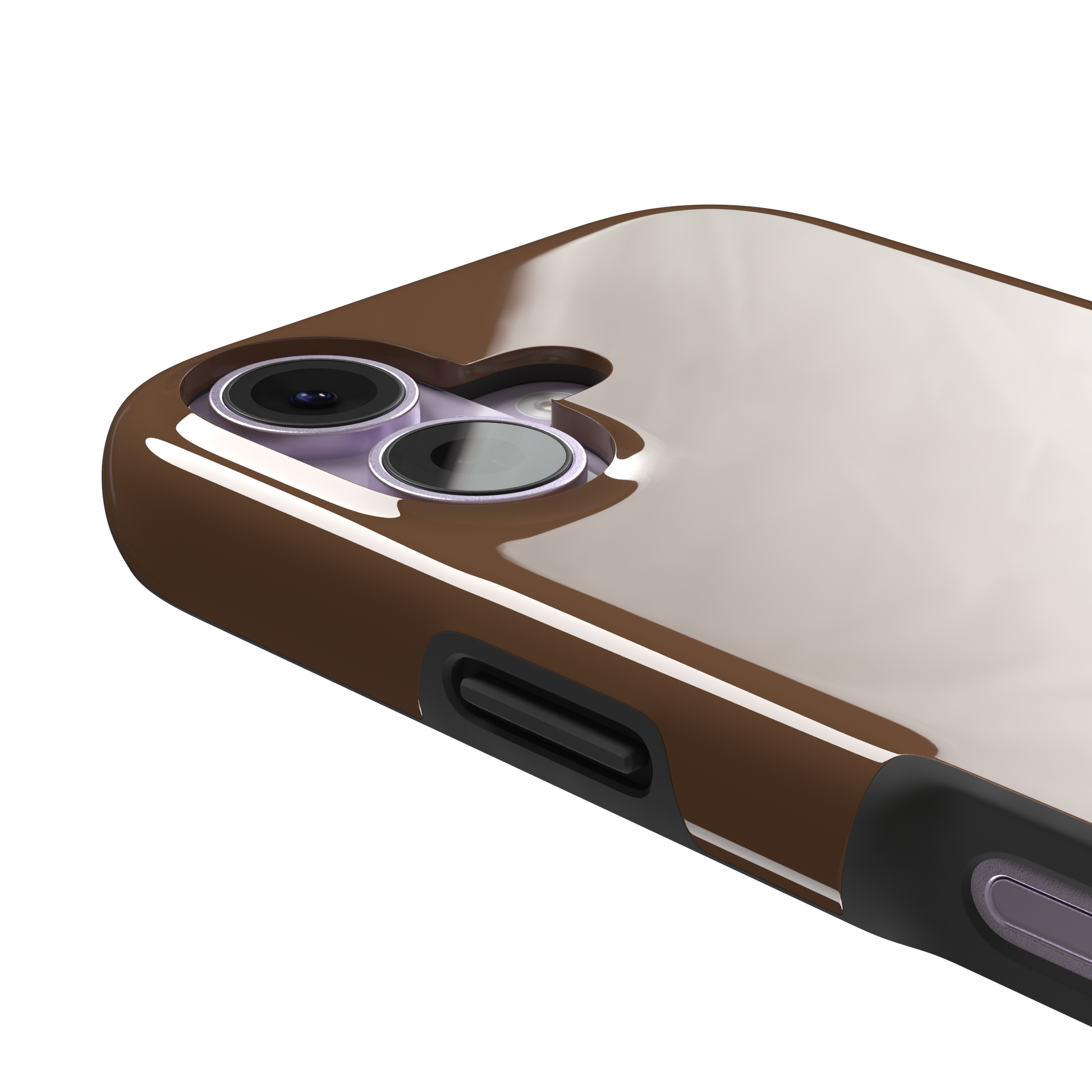 Solid medium brown phone case with smooth matte finish on iPhone, phone case by Caselier — tough case, volume buttons detail
