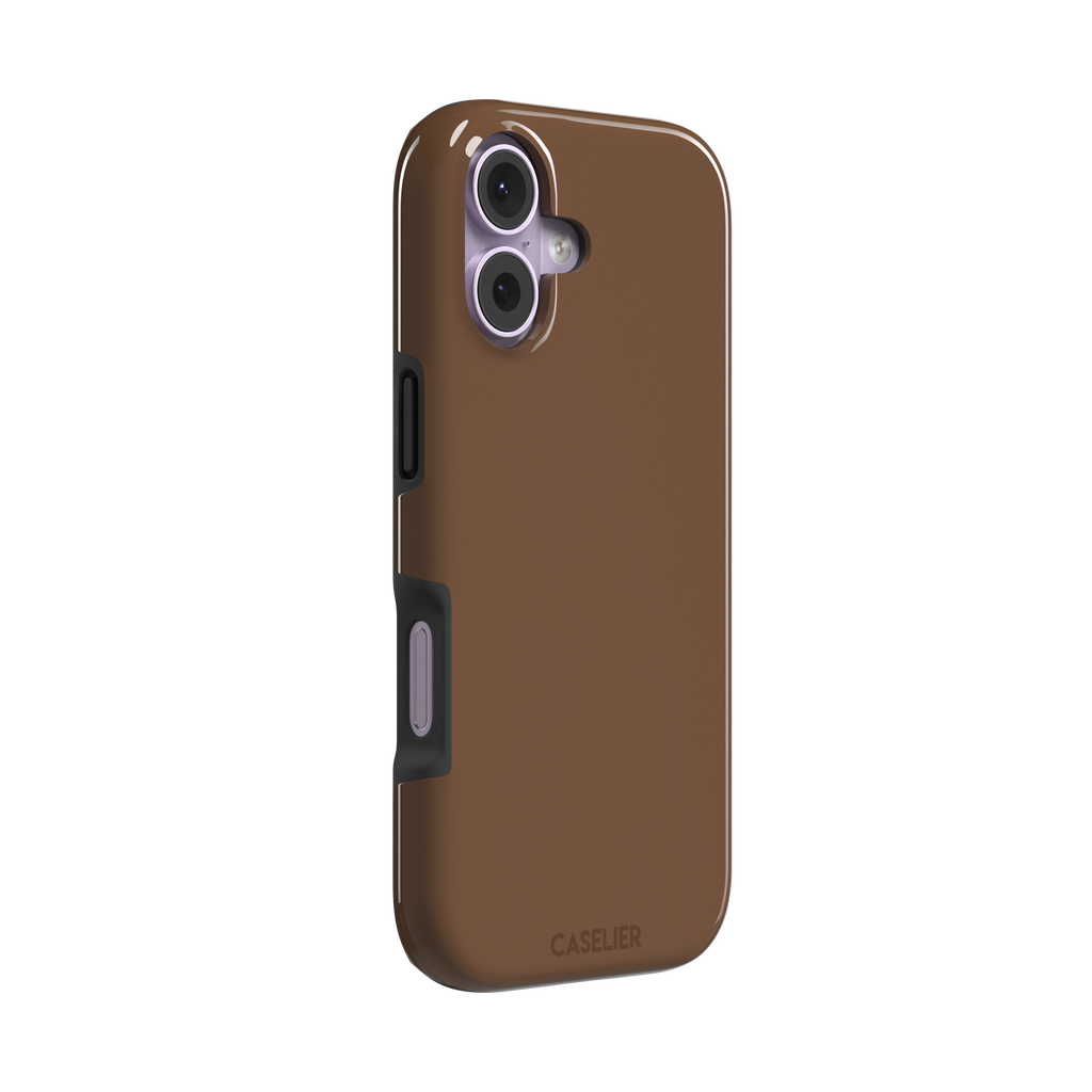 Solid medium brown phone case with smooth matte finish on iPhone, phone case by Caselier — tough case, left view