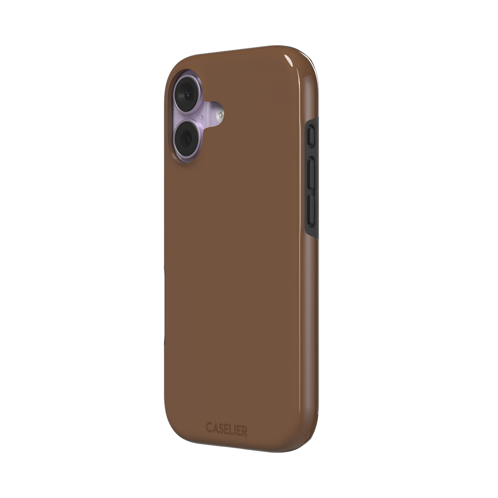Solid medium brown phone case with smooth matte finish on iPhone, phone case by Caselier — tough case, right view