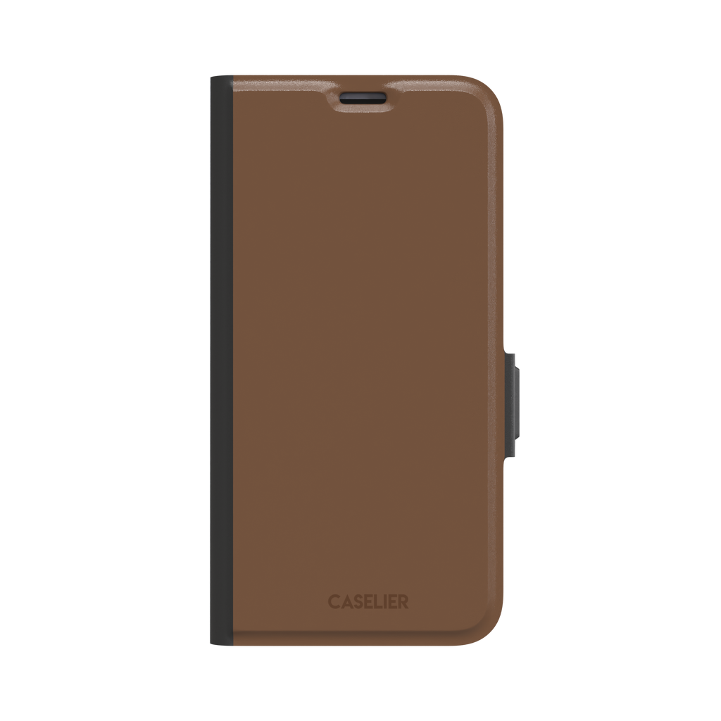 Solid medium brown phone case with smooth matte finish on iPhone, phone case by Caselier — wallet case, front view