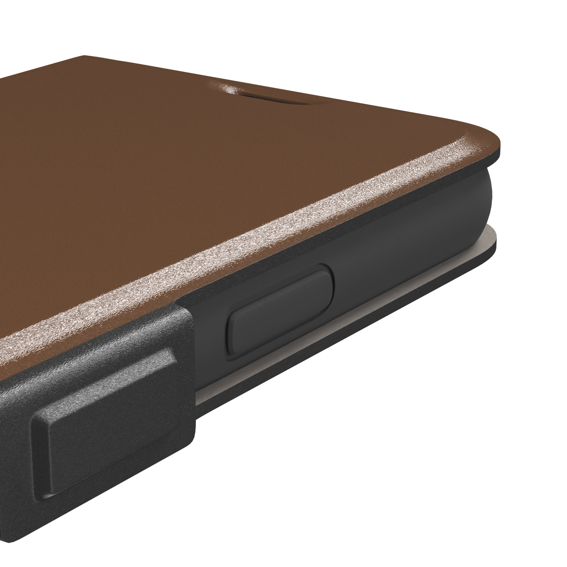 Solid medium brown phone case with smooth matte finish on iPhone, phone case by Caselier — wallet case, volume buttons detail