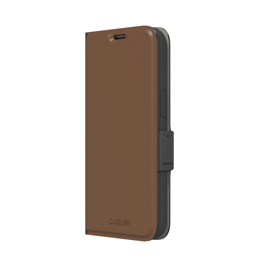 Solid medium brown phone case with smooth matte finish on iPhone, phone case by Caselier — wallet case, right view