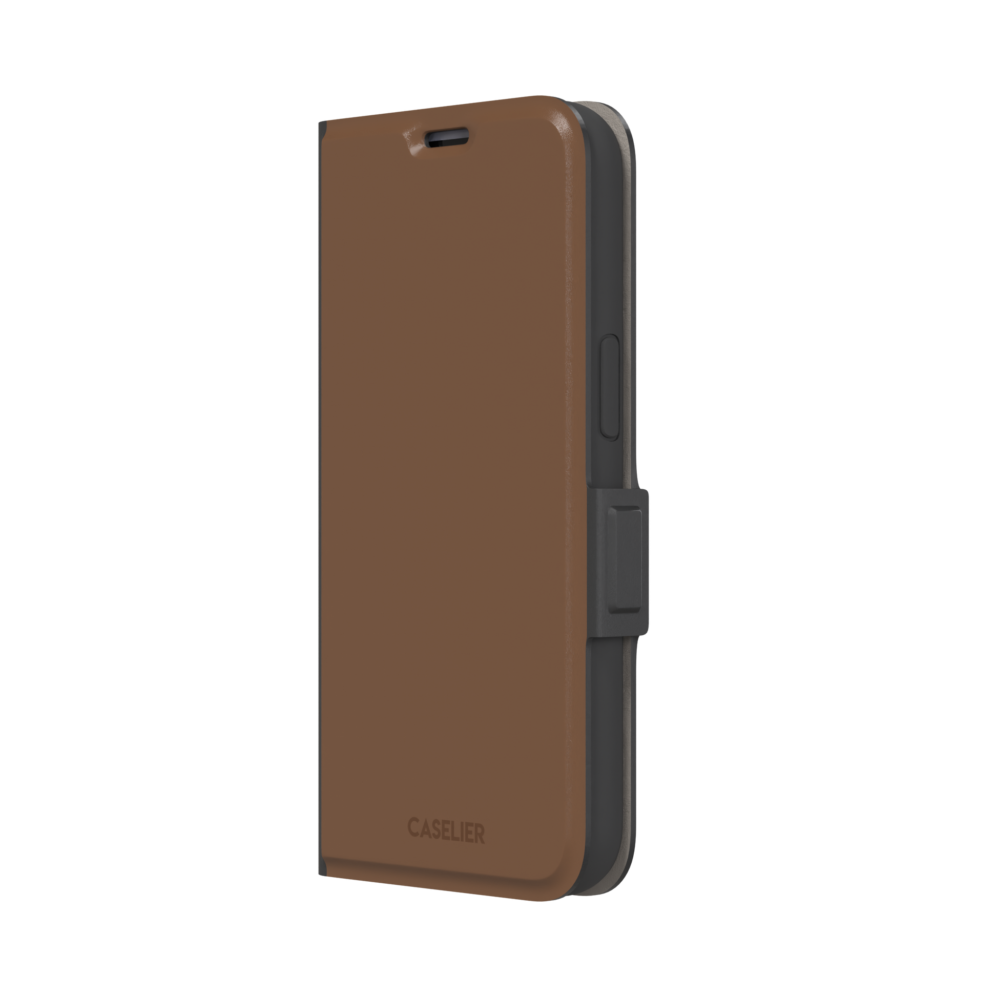 Solid medium brown phone case with smooth matte finish on iPhone, phone case by Caselier — wallet case, right view