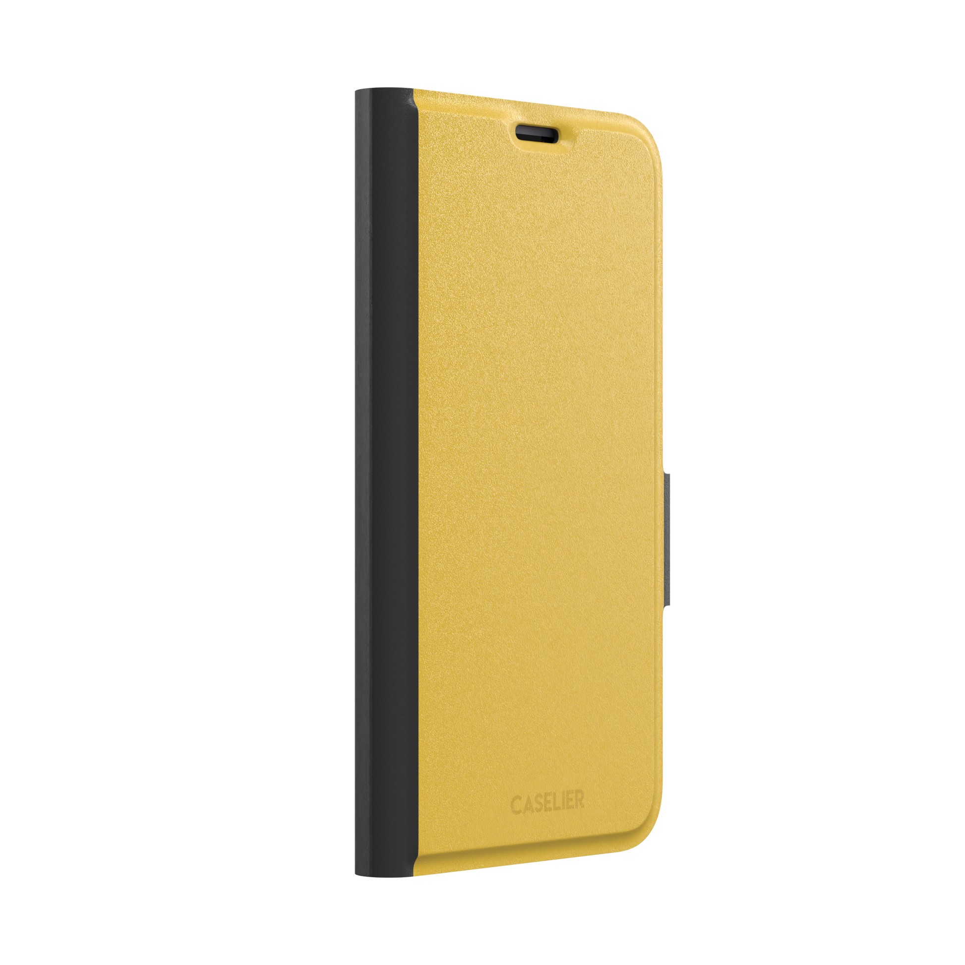 Solid golden yellow phone case with smooth matte finish on iPhone, phone case by Caselier — wallet case, left view
