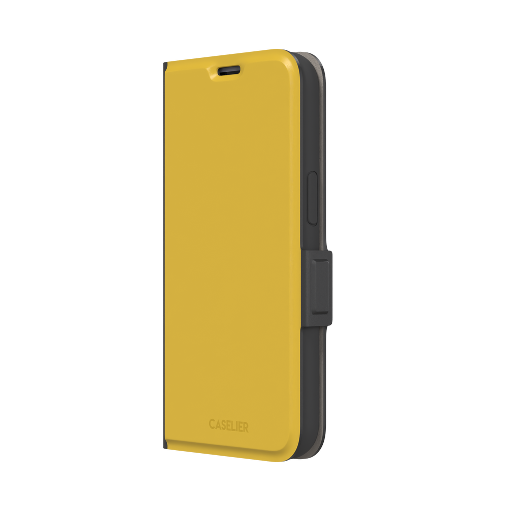 Solid golden yellow phone case with smooth matte finish on iPhone, phone case by Caselier — wallet case, right view