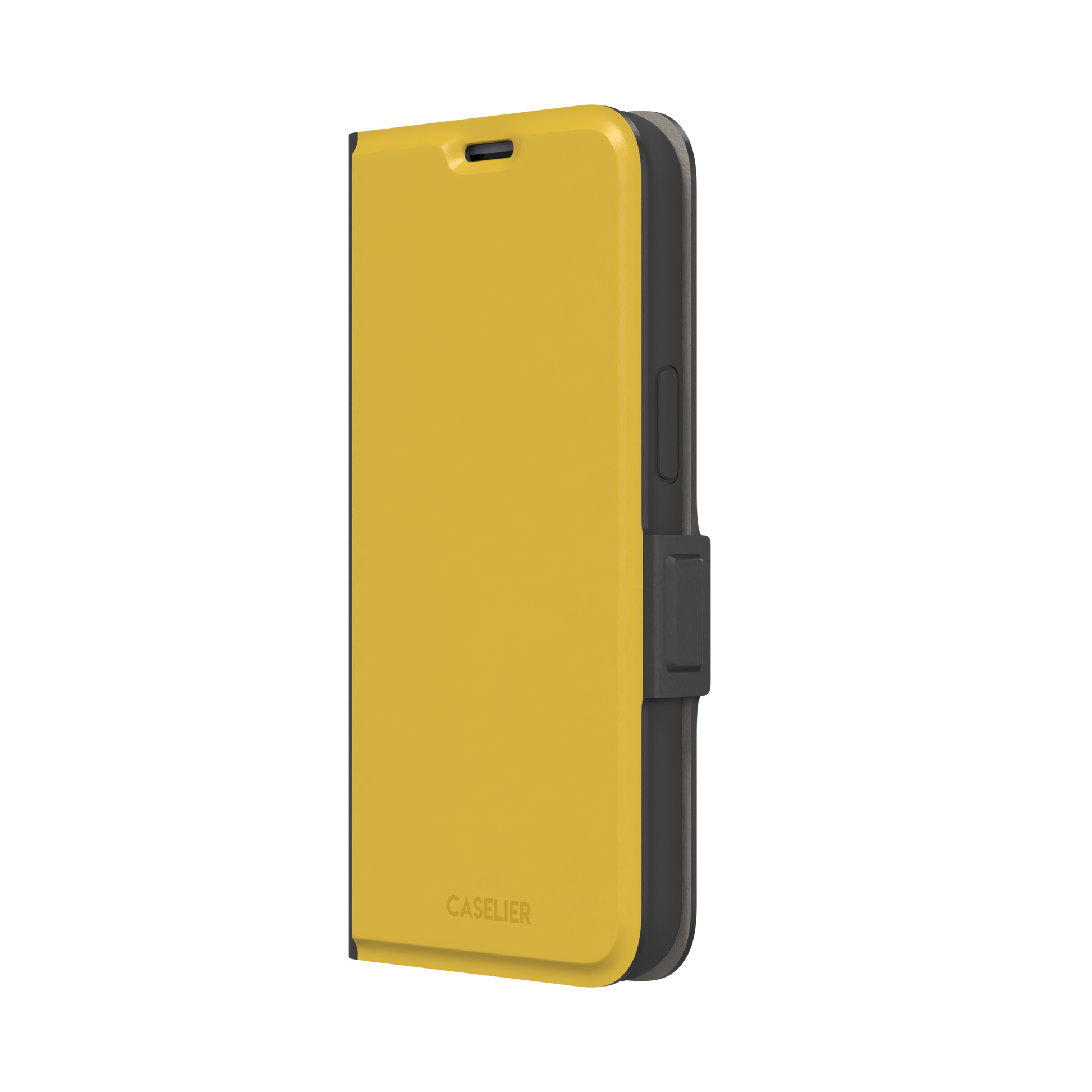 Solid golden yellow phone case with smooth matte finish on iPhone, phone case by Caselier — wallet case, right view