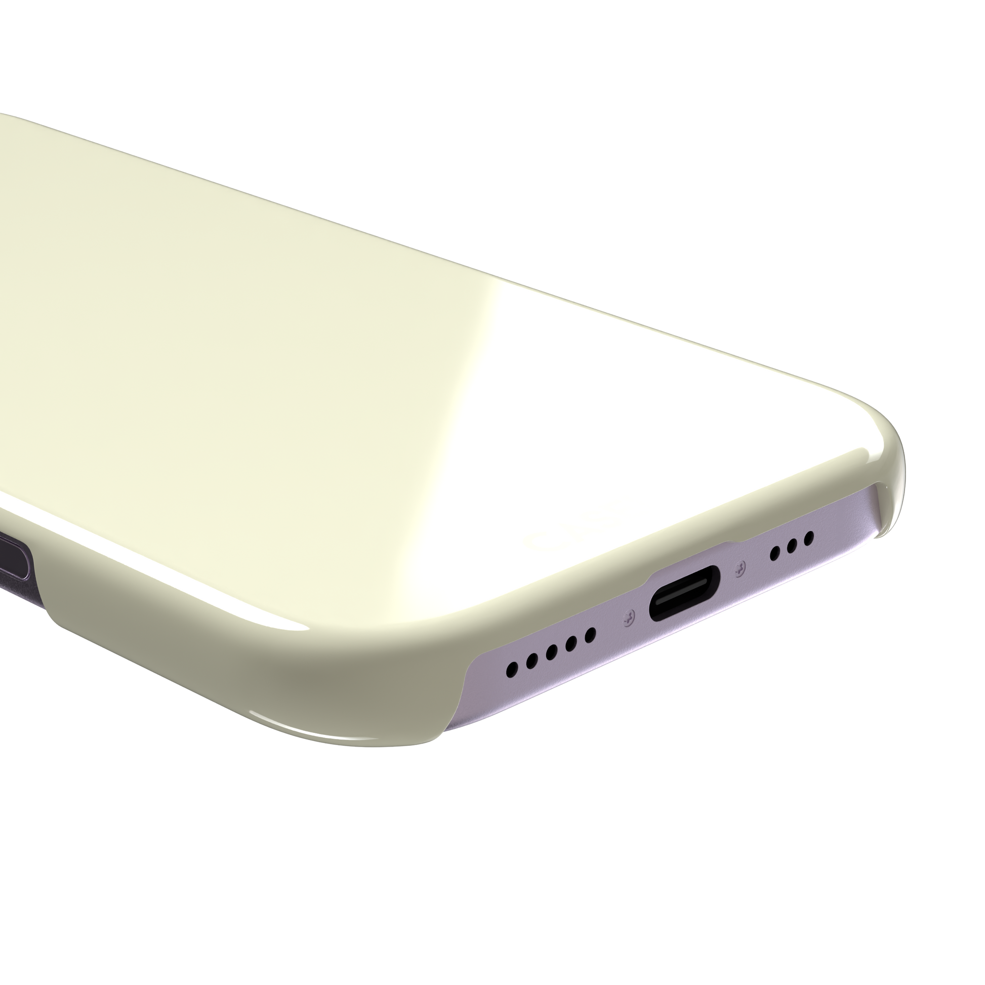 Solid pale lemon yellow phone case with soft matte finish on iPhone, phone case by Caselier — snap case, charging port detail