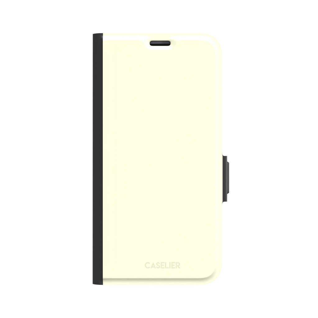 Solid pale lemon yellow phone case with soft matte finish on iPhone, phone case by Caselier — wallet case, front view