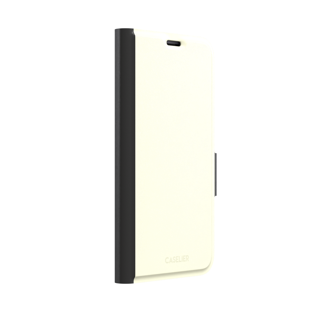 Solid pale lemon yellow phone case with soft matte finish on iPhone, phone case by Caselier — wallet case, left view