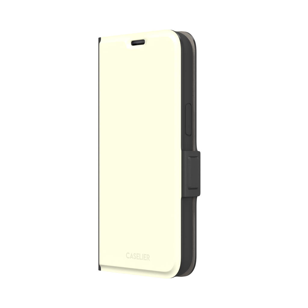 Solid pale lemon yellow phone case with soft matte finish on iPhone, phone case by Caselier — wallet case, right view