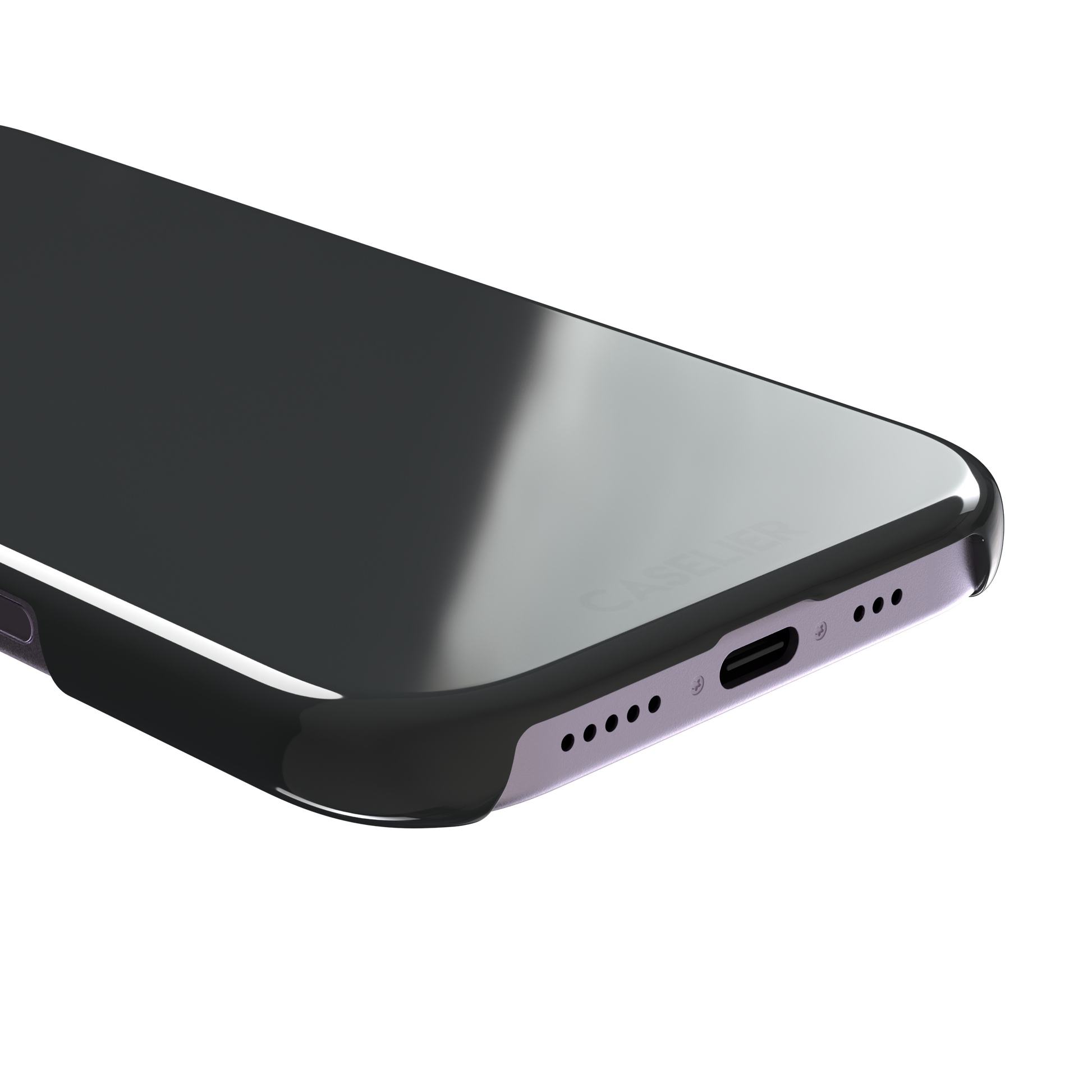 Solid dark charcoal phone case with smooth matte finish on iPhone, phone case by Caselier — snap case, charging port detail