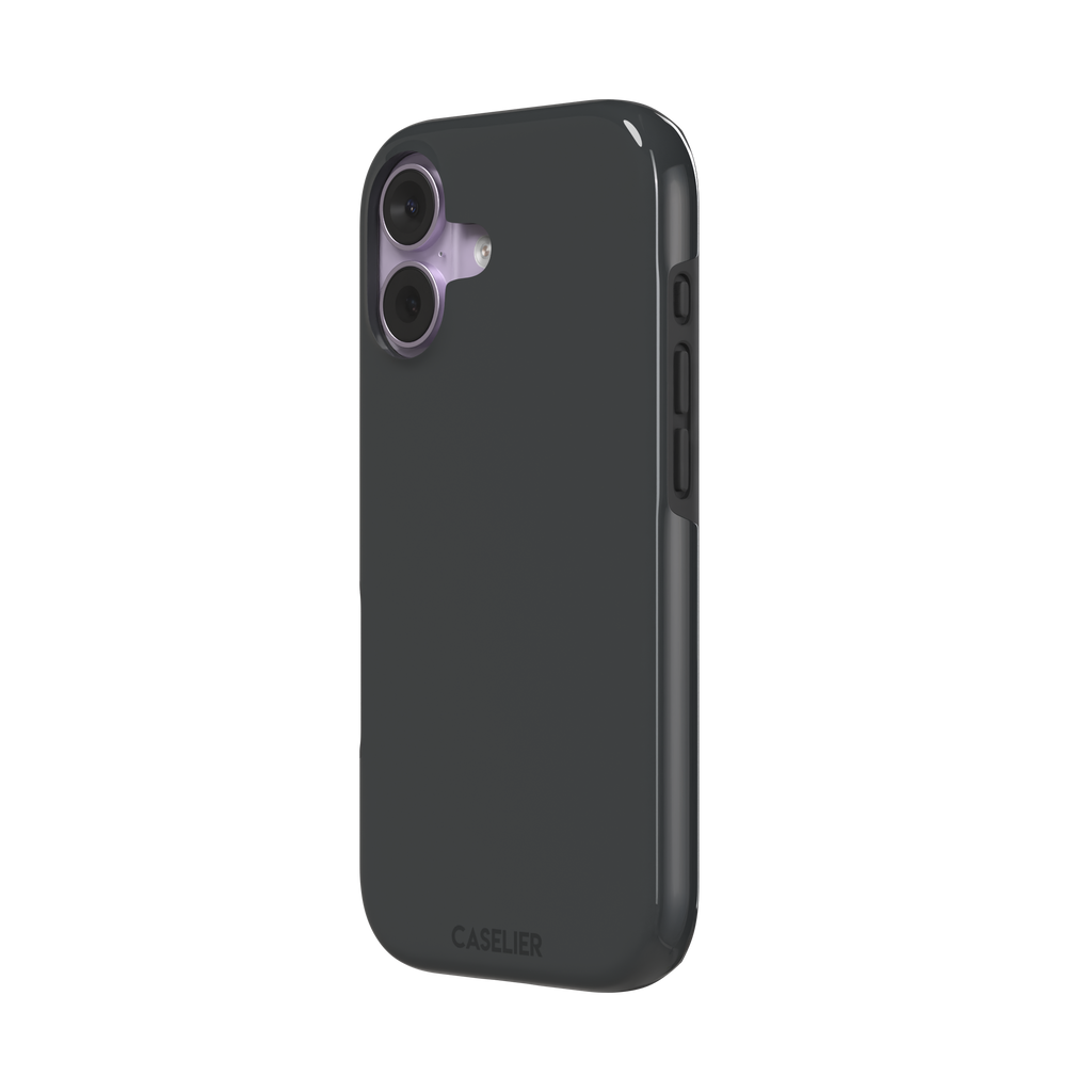 Solid dark charcoal phone case with smooth matte finish on iPhone, phone case by Caselier — tough case, right view