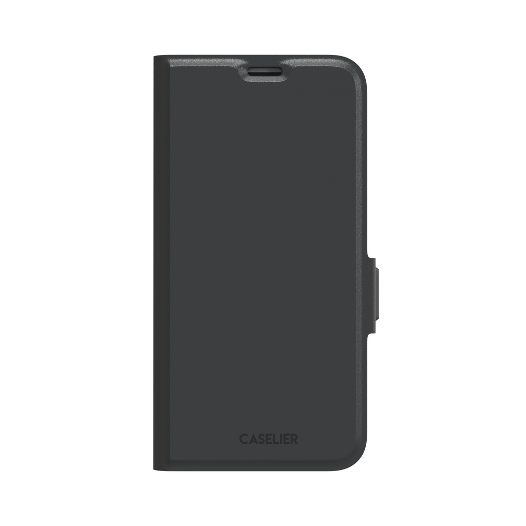 Solid dark charcoal phone case with smooth matte finish on iPhone, phone case by Caselier — wallet case, front view