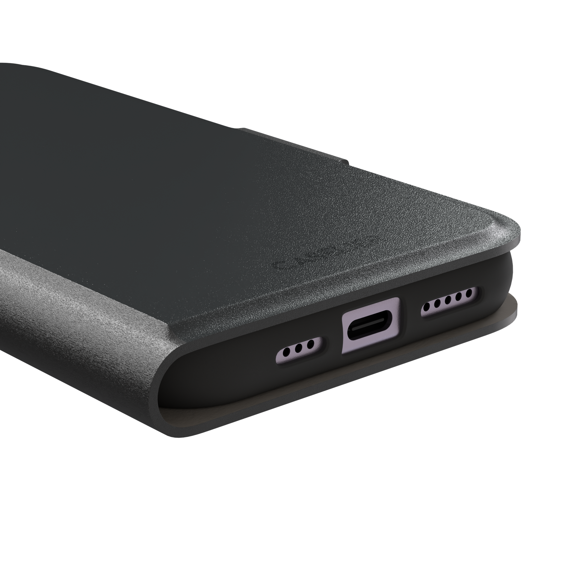 Solid dark charcoal phone case with smooth matte finish on iPhone, phone case by Caselier — wallet case, charging port detail