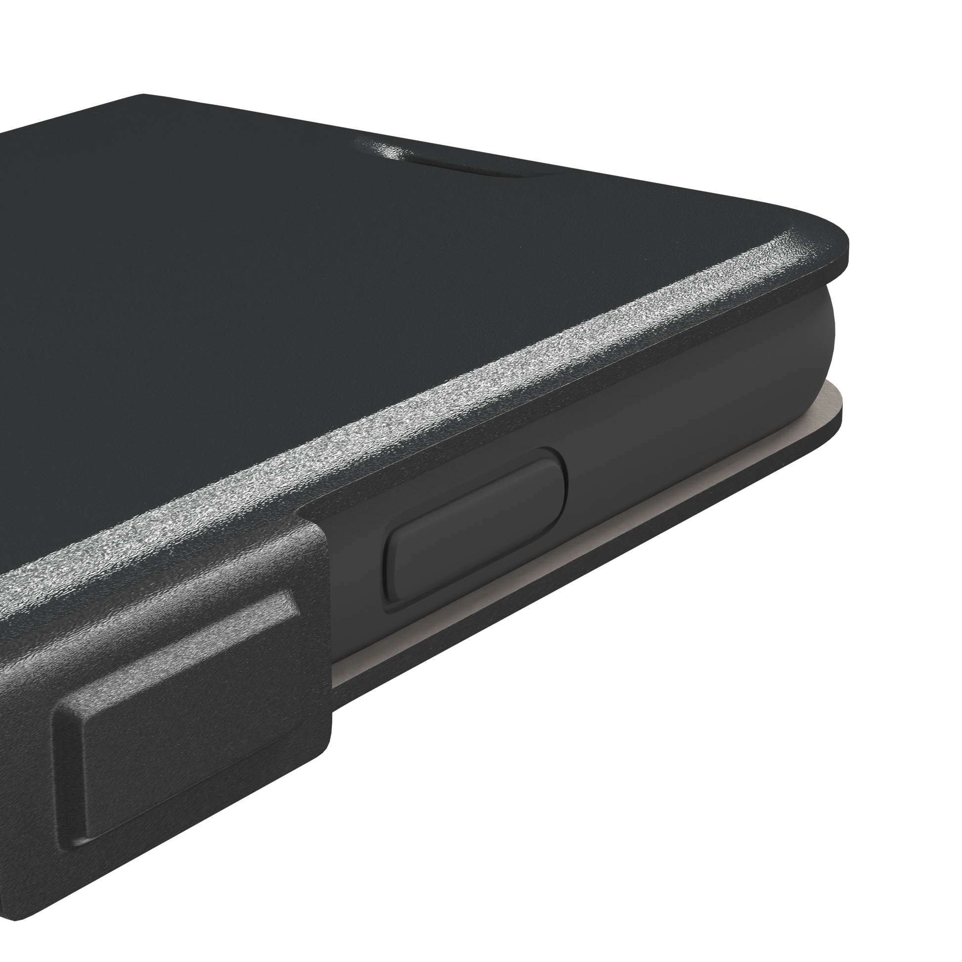 Solid dark charcoal phone case with smooth matte finish on iPhone, phone case by Caselier — wallet case, volume buttons detail