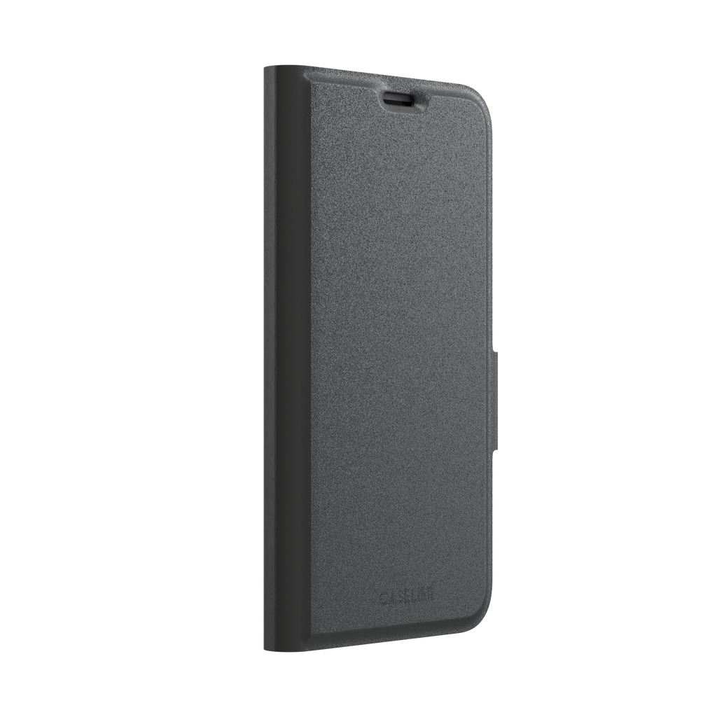Solid dark charcoal phone case with smooth matte finish on iPhone, phone case by Caselier — wallet case, left view