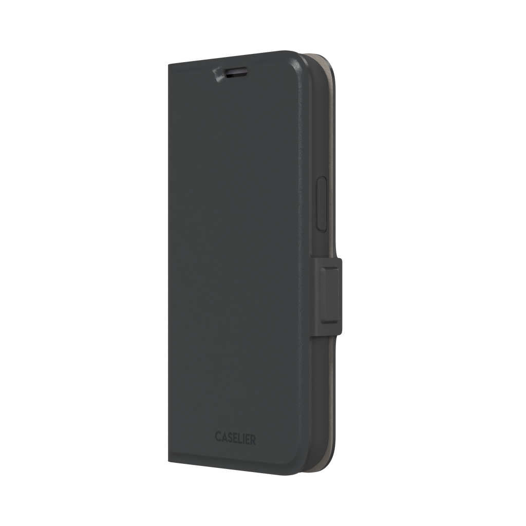 Solid dark charcoal phone case with smooth matte finish on iPhone, phone case by Caselier — wallet case, right view