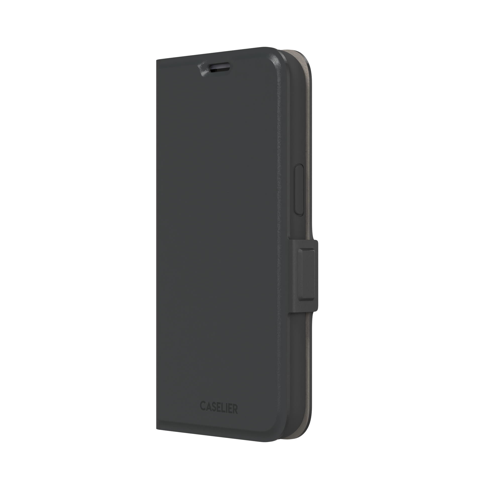Solid dark charcoal phone case with smooth matte finish on iPhone, phone case by Caselier — wallet case, right view