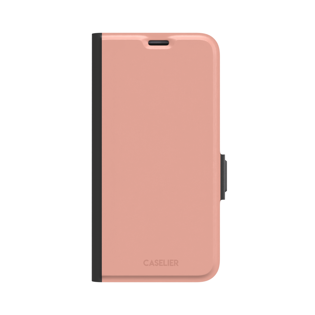 Solid dusty blush pink phone case with smooth matte finish on iPhone, phone case by Caselier — wallet case, front view