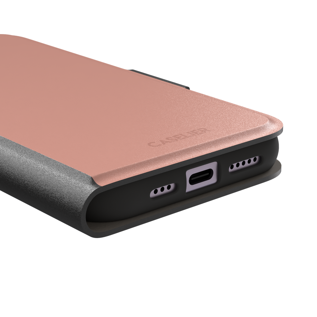 Solid dusty blush pink phone case with smooth matte finish on iPhone, phone case by Caselier — wallet case, charging port detail