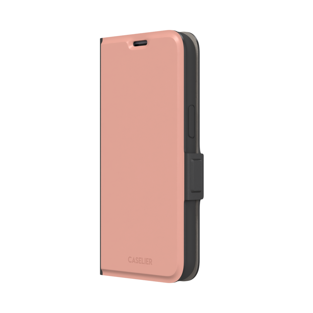 Solid dusty blush pink phone case with smooth matte finish on iPhone, phone case by Caselier — wallet case, right view