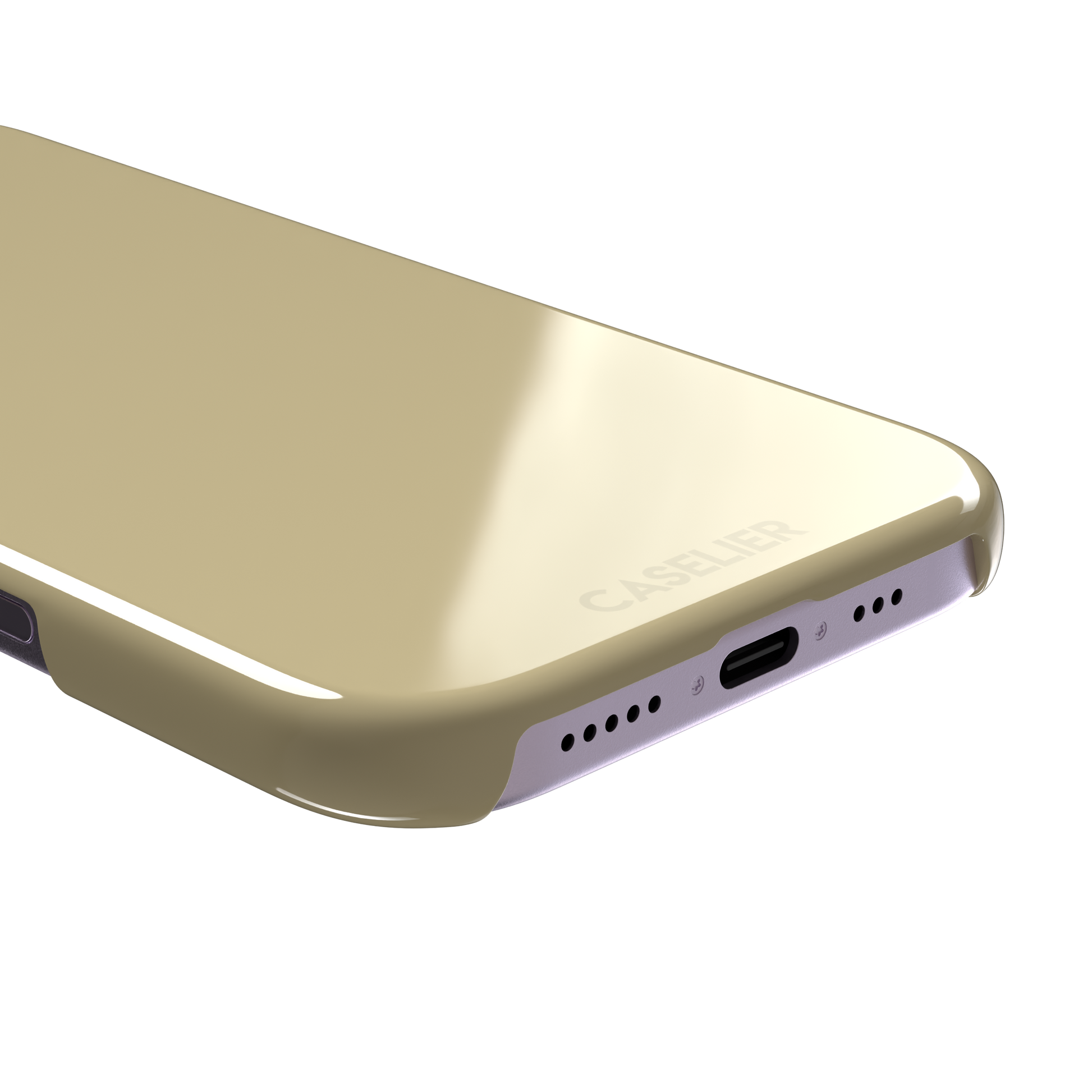 Solid muted olive-khaki phone case with smooth matte finish on iPhone, phone case by Caselier — snap case, charging port detail