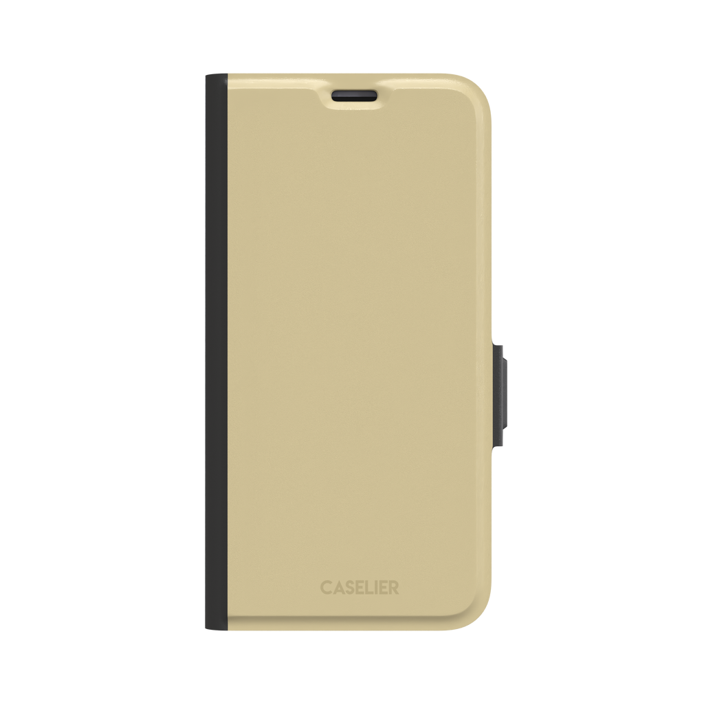 Solid muted olive-khaki phone case with smooth matte finish on iPhone, phone case by Caselier — wallet case, front view