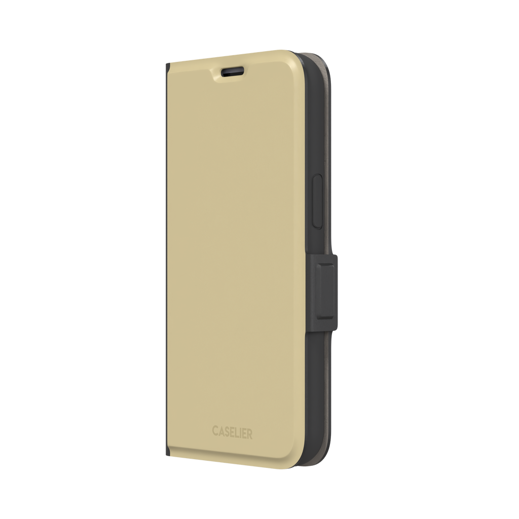 Solid muted olive-khaki phone case with smooth matte finish on iPhone, phone case by Caselier — wallet case, right view