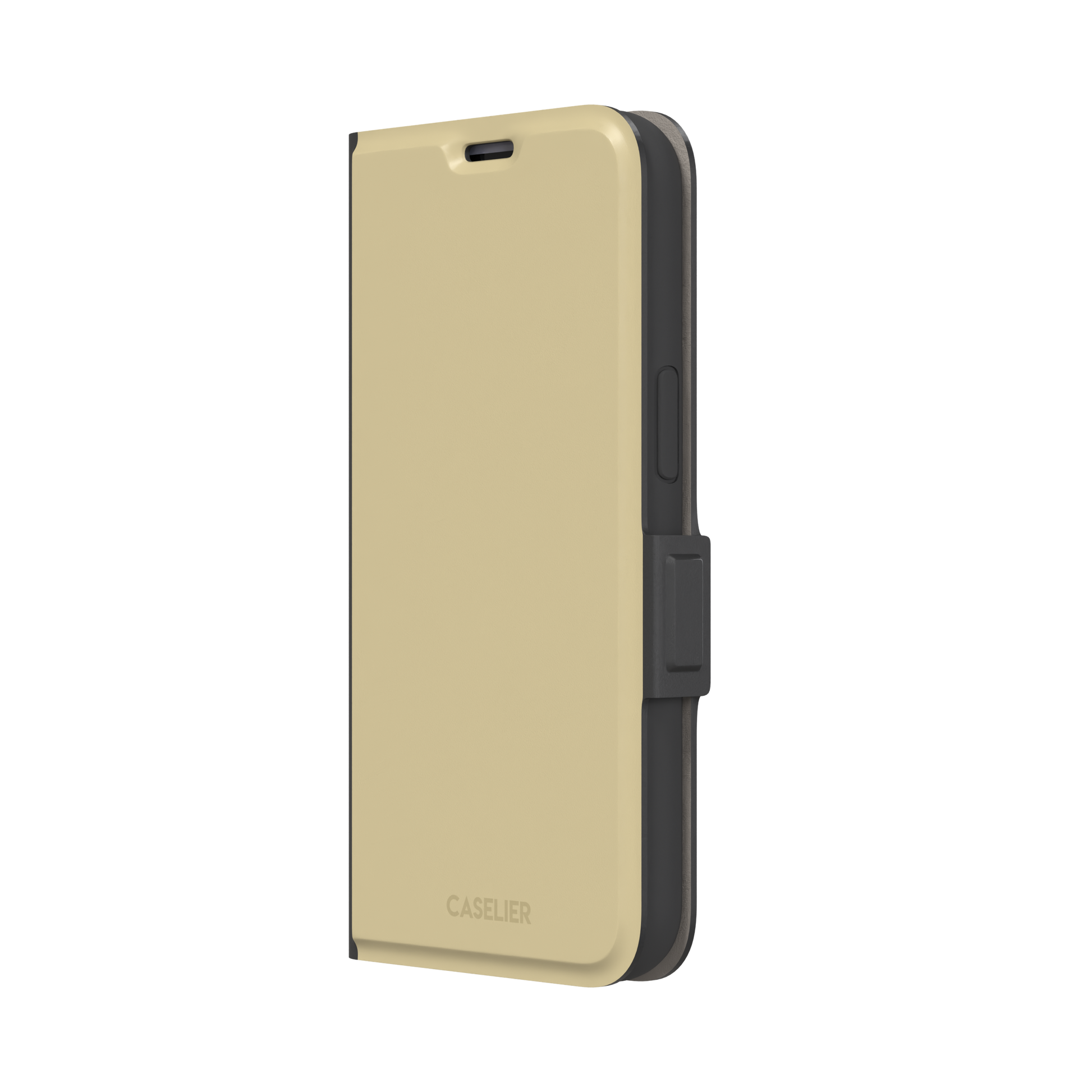 Solid muted olive-khaki phone case with smooth matte finish on iPhone, phone case by Caselier — wallet case, right view