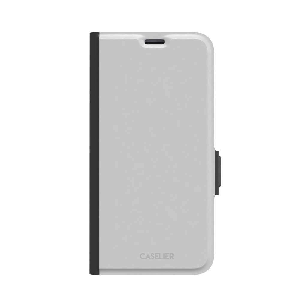 Solid mid-tone grey phone case with minimal matte finish on iPhone, phone case by Caselier — wallet case, front view