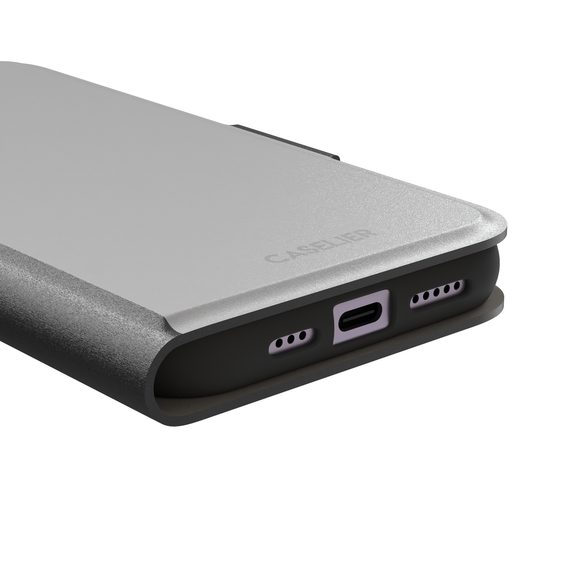 Solid mid-tone grey phone case with minimal matte finish on iPhone, phone case by Caselier — wallet case, charging port detail