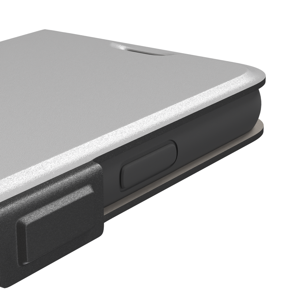Solid mid-tone grey phone case with minimal matte finish on iPhone, phone case by Caselier — wallet case, volume buttons detail