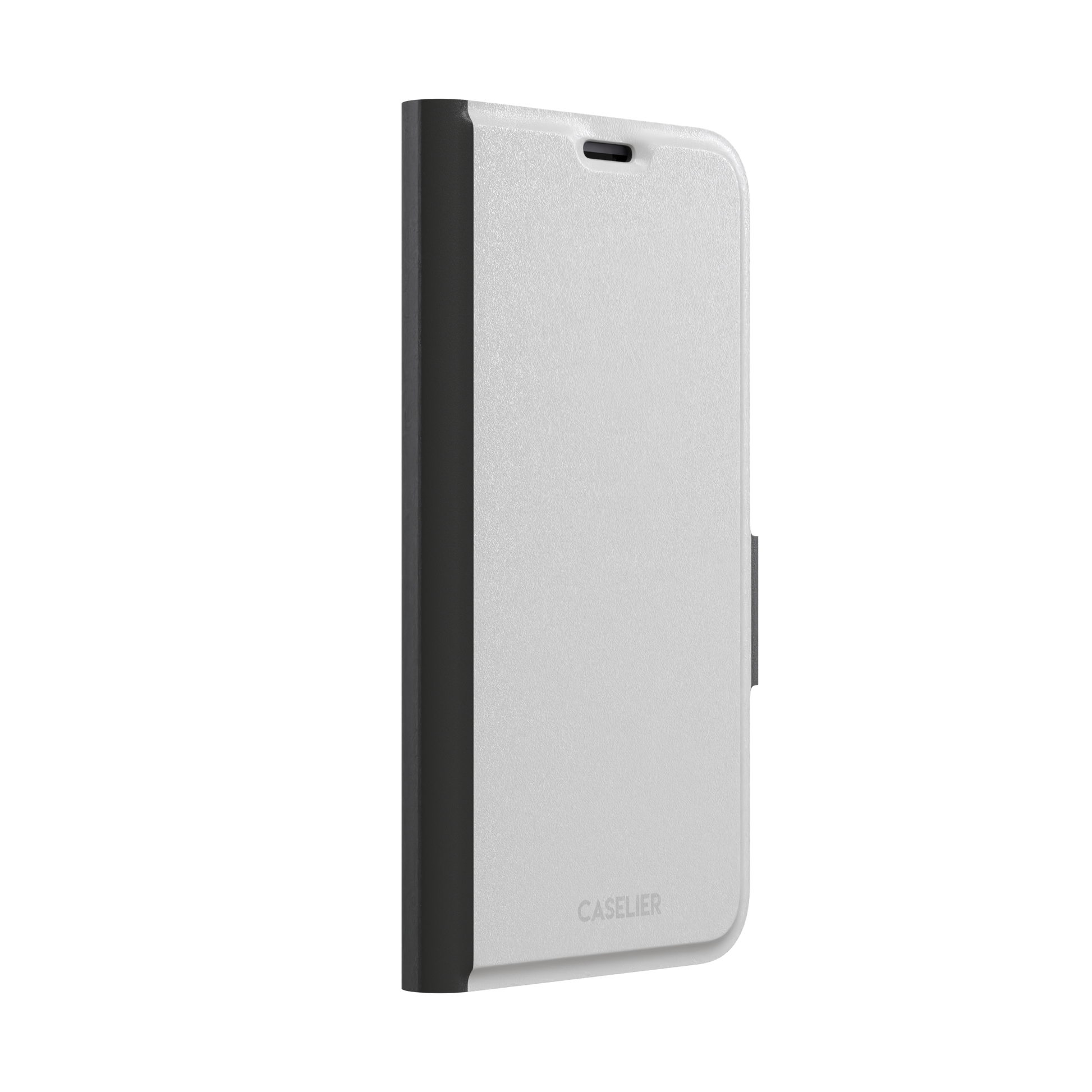 Solid mid-tone grey phone case with minimal matte finish on iPhone, phone case by Caselier — wallet case, left view
