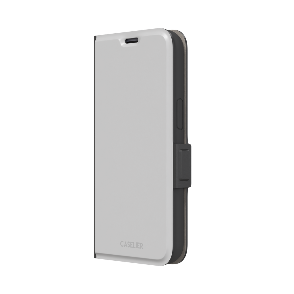 Solid mid-tone grey phone case with minimal matte finish on iPhone, phone case by Caselier — wallet case, right view